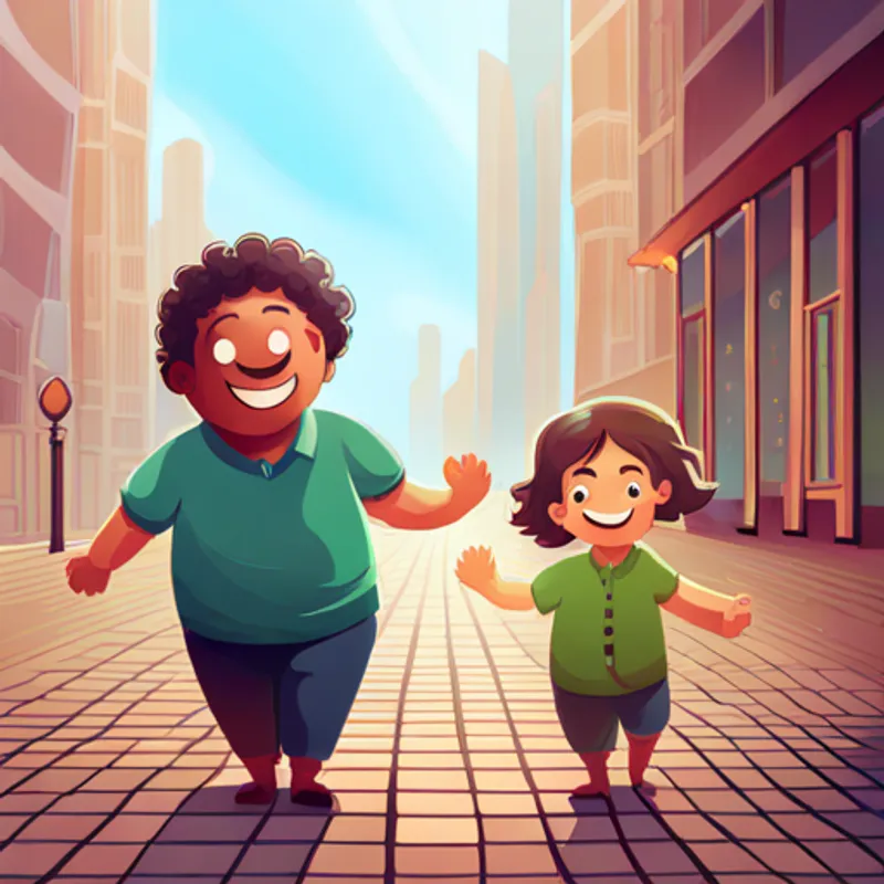 Small tick with a happy smile and tiny legs. and the Tall boy with curly hair and friendly eyes. holding hands, smiling