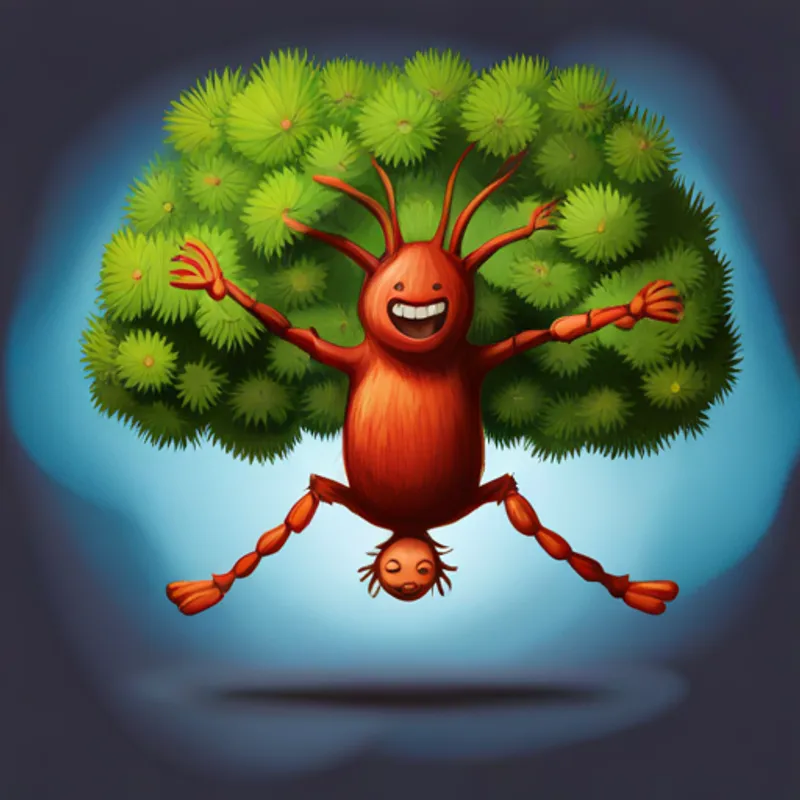 Small tick with a happy smile and tiny legs. jumping off the tree, excited