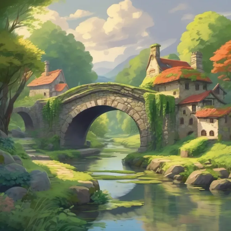 A serene, quaint village with an old stone bridge covered in moss and vines by a quiet river.