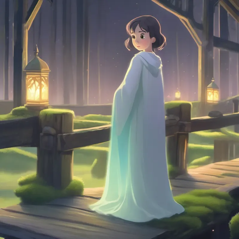 A ghostly young girl named A glowing, ethereal young ghost girl with a sad but hopeful expression glowing softly, standing on the moss-covered bridge at night.
