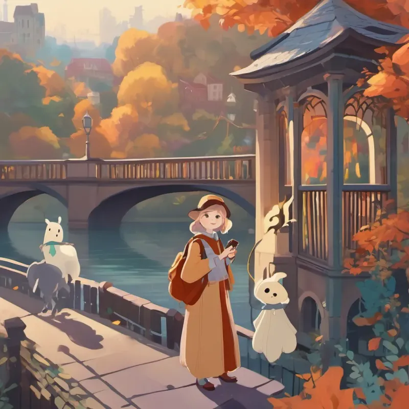 The bridge bathed in morning light, with a sense of joy and the echoes of laughter of A curious university student with a camera and flashlight, dressed warmly for an autumn evening, A glowing, ethereal young ghost girl with a sad but hopeful expression, and A lively, jester-like ghost with a playful demeanor, dressed in colorful clothing.