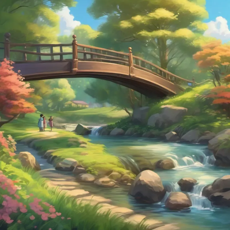 A quiet, serene scene by the bridge and stream with the spirit of laughter lingering in the air, wrapping up the tale.