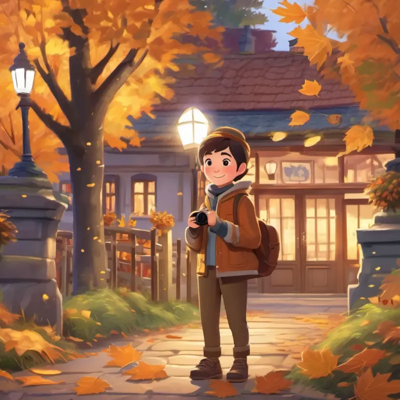 A young university student named A curious university student with a camera and flashlight, dressed warmly for an autumn evening arriving in the village, holding a camera and flashlight, with golden autumn leaves around.