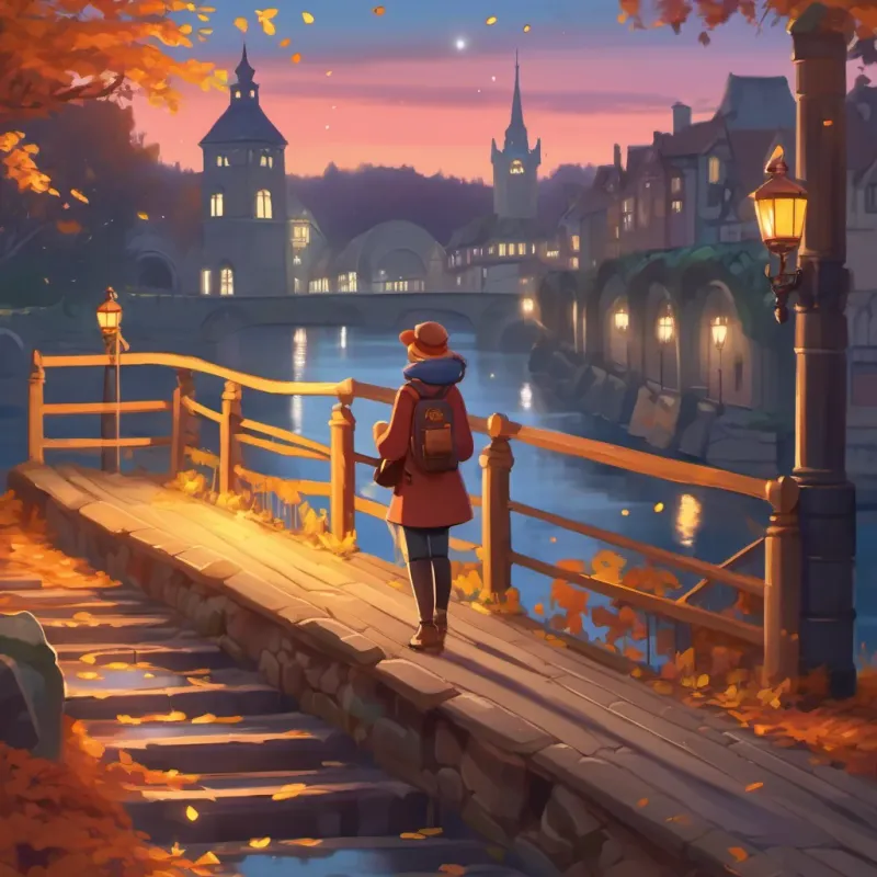 A curious university student with a camera and flashlight, dressed warmly for an autumn evening stepping onto the old bridge at twilight with her flashlight, engulfed in a mystical atmosphere.