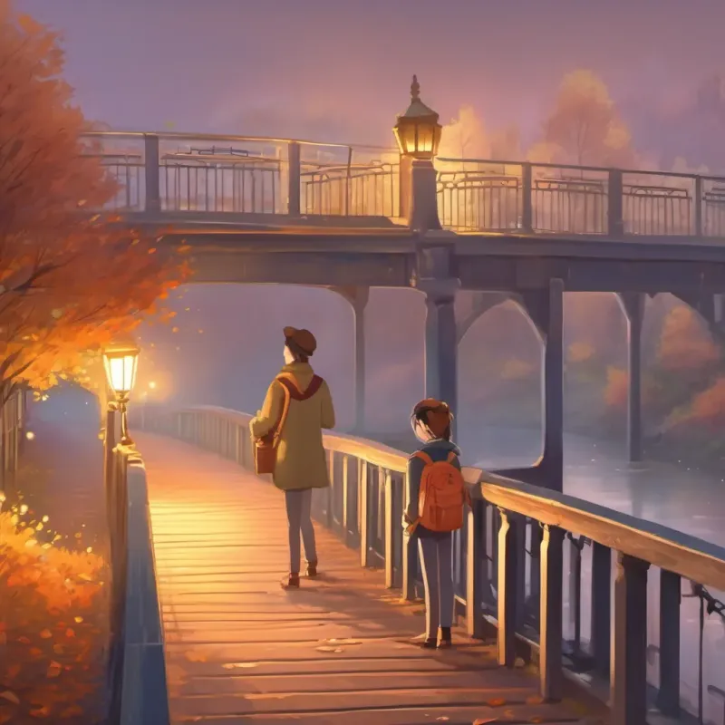A misty scene on the bridge with a soft whisper in the air, A curious university student with a camera and flashlight, dressed warmly for an autumn evening smiling warmly.