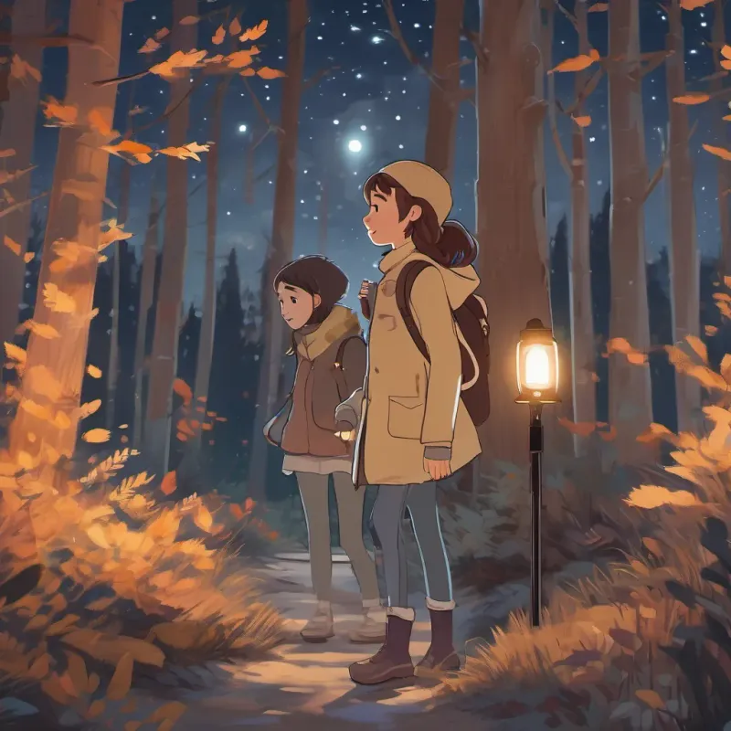A curious university student with a camera and flashlight, dressed warmly for an autumn evening and A glowing, ethereal young ghost girl with a sad but hopeful expression's ghost walking together through a pine forest under a night sky full of stars.