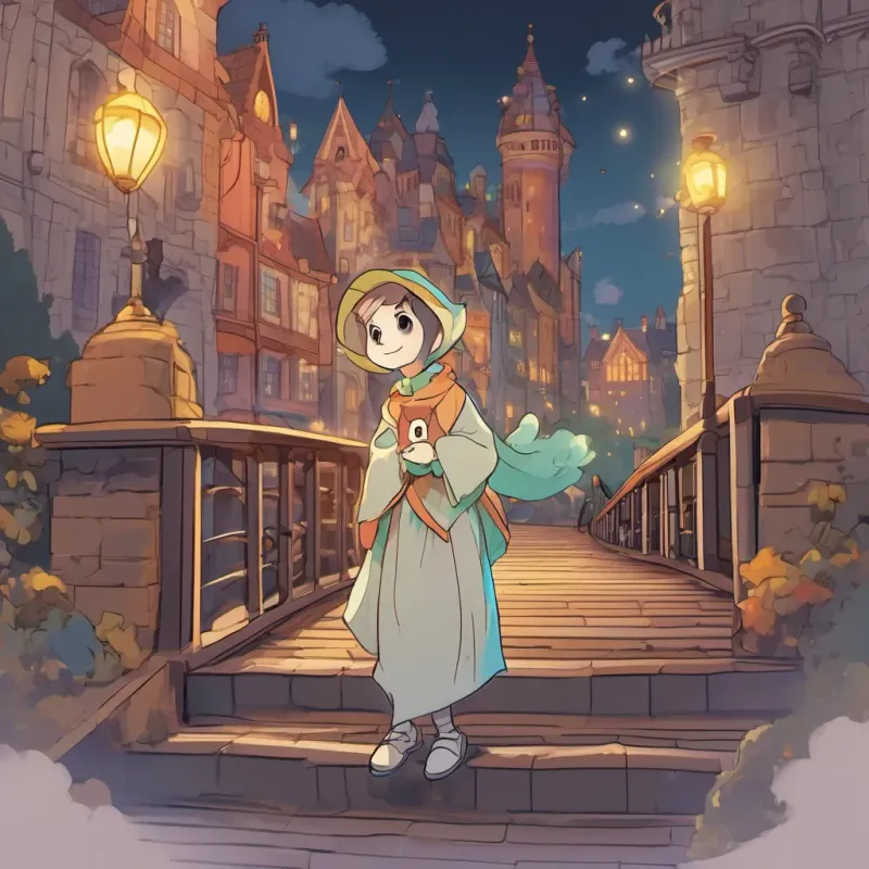 A jester-like ghost named A lively, jester-like ghost with a playful demeanor, dressed in colorful clothing from an old tower, joining A curious university student with a camera and flashlight, dressed warmly for an autumn evening and A glowing, ethereal young ghost girl with a sad but hopeful expression on the bridge.