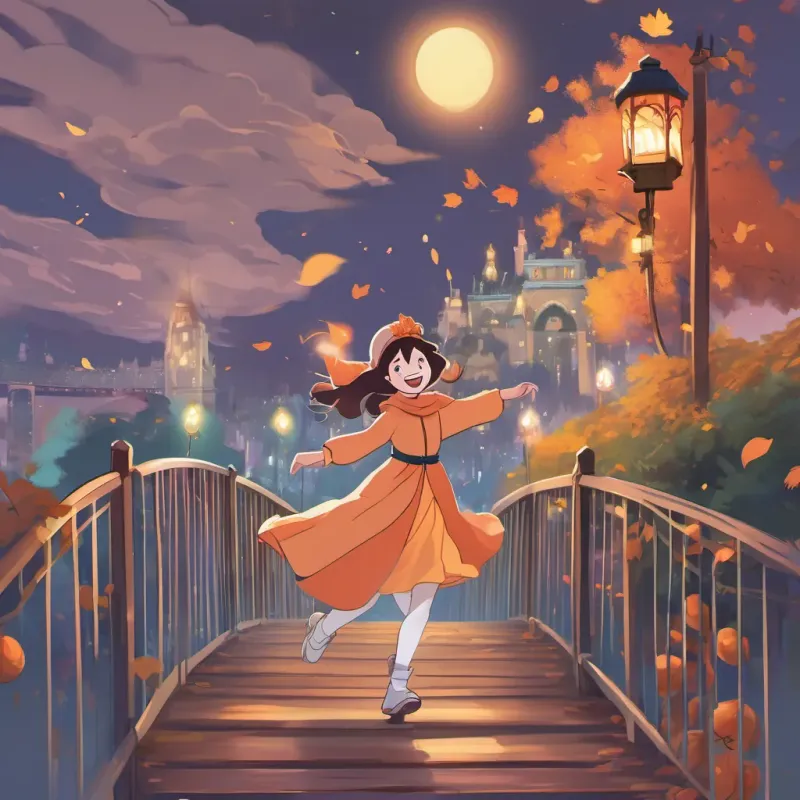 A lively, jester-like ghost with a playful demeanor, dressed in colorful clothing dancing merrily on the bridge, lighting up the night with joy, A curious university student with a camera and flashlight, dressed warmly for an autumn evening and A glowing, ethereal young ghost girl with a sad but hopeful expression laughing.
