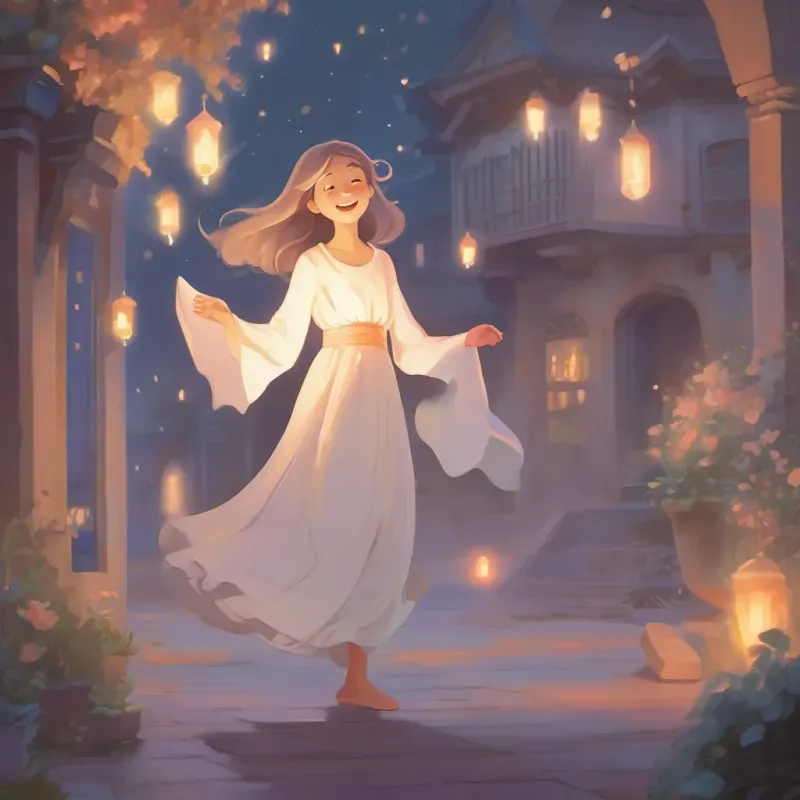 A glowing, ethereal young ghost girl with a sad but hopeful expression giggling and dancing, the night transforming into dawn with playful shadows all around.