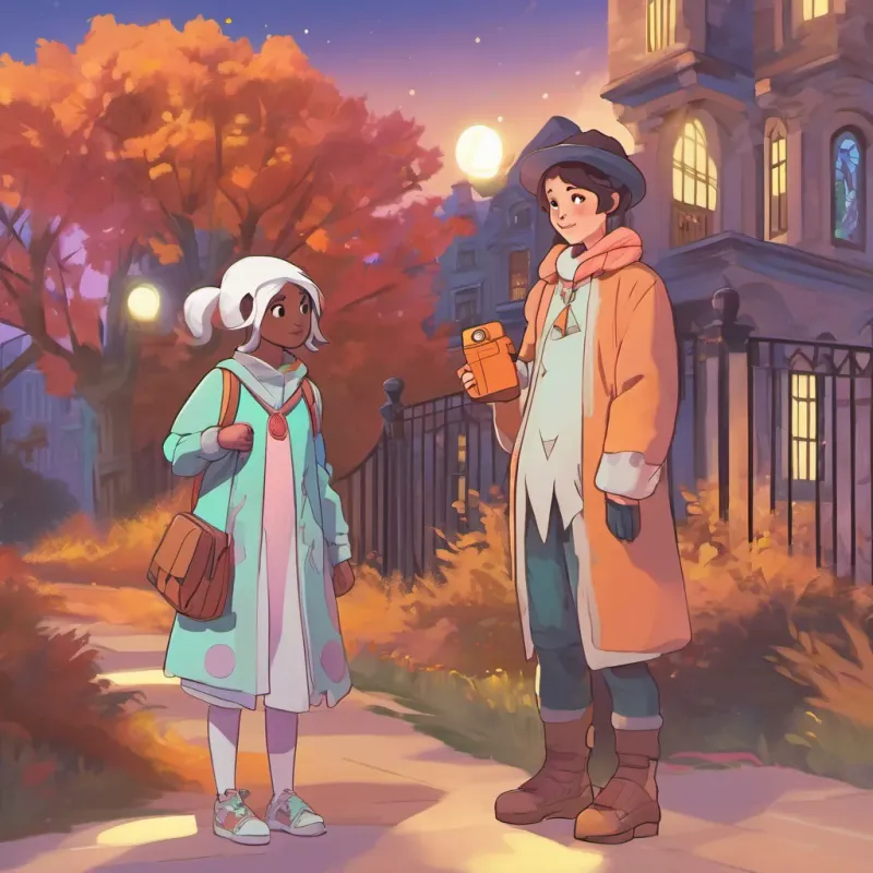 The dawn breaking over Willow Creek, A glowing, ethereal young ghost girl with a sad but hopeful expression’s spirit peacefully glowing while standing next to A curious university student with a camera and flashlight, dressed warmly for an autumn evening and A lively, jester-like ghost with a playful demeanor, dressed in colorful clothing.