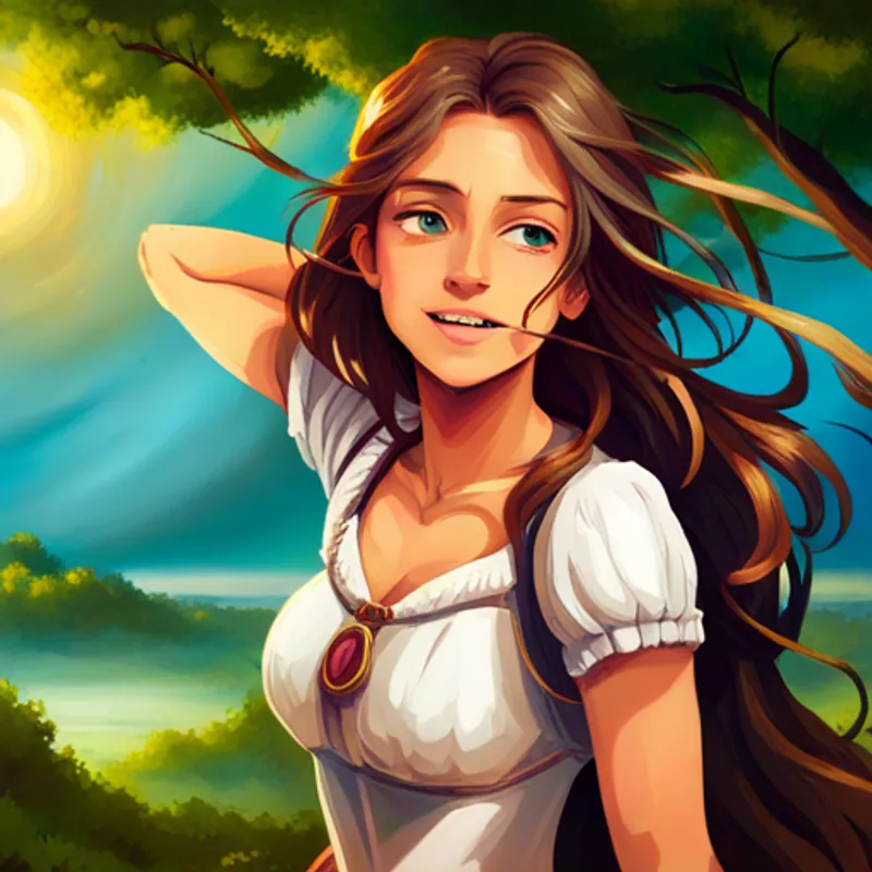 Cabello marrón, túnica blanca, sonrisa amorosa ayudando a un Plumaje colorido, alas pequeñas, cantando feliz a volar