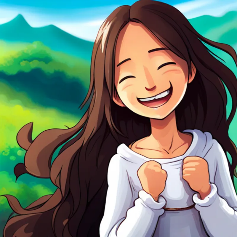 Cabello marrón, túnica blanca, sonrisa amorosa y el conejito jugando y sonriendo