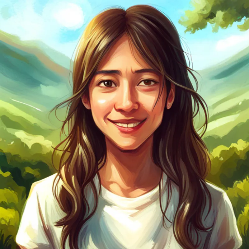 Cabello marrón, túnica blanca, sonrisa amorosa convirtiendo agua en limonada