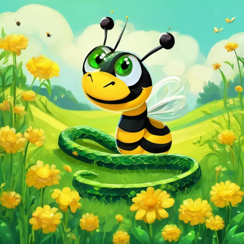 A little snake with shiny green scales and bright, curious eyes the snake with shiny green scales and A bumbling bee with fluffy yellow and black stripes and glistening wings the bee with fluffy yellow and black stripes in a sunny meadow.