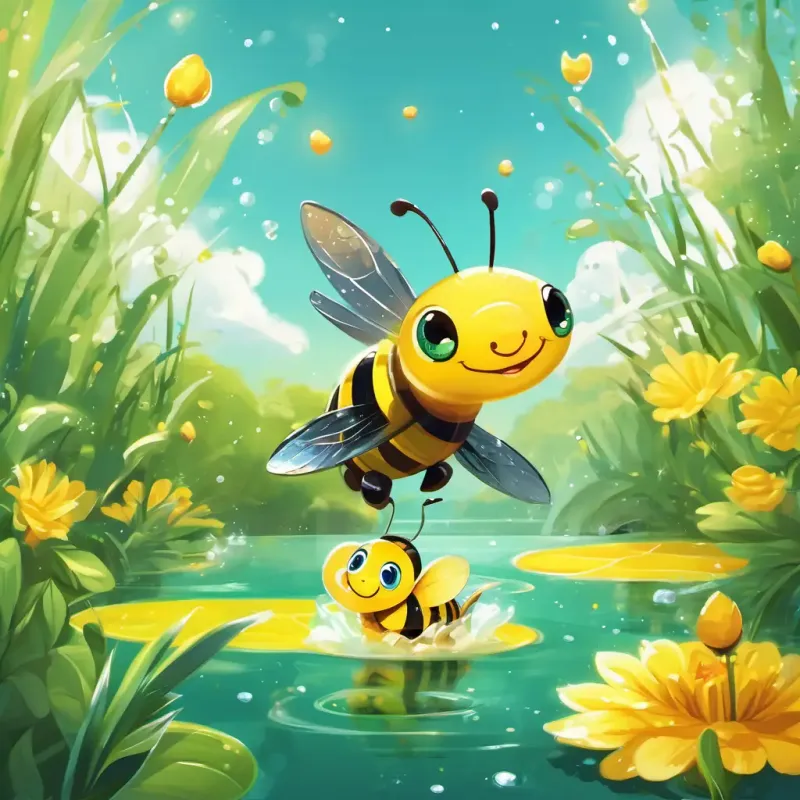 A little snake with shiny green scales and bright, curious eyes and A bumbling bee with fluffy yellow and black stripes and glistening wings playing in the water, splashing and giggling under the sparkling sun.