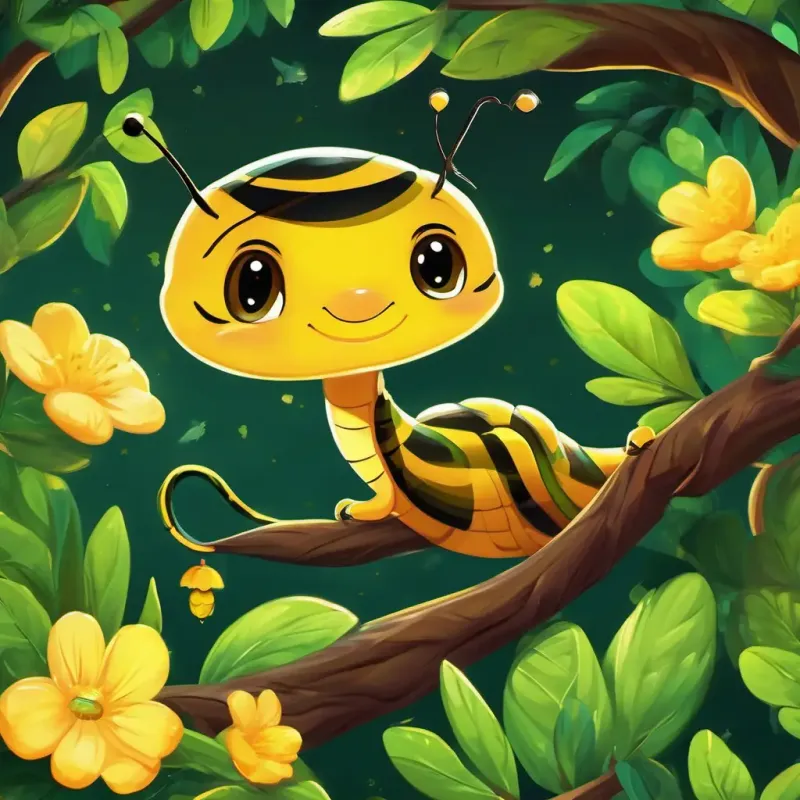 A little snake with shiny green scales and bright, curious eyes and A bumbling bee with fluffy yellow and black stripes and glistening wings dancing to the cricket's music, the tree branches swaying in rhythm with the happy friends.