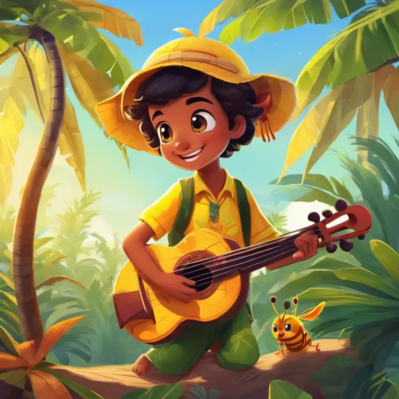 A little snake with shiny green scales and bright, curious eyes, A bumbling bee with fluffy yellow and black stripes and glistening wings, and A chatty cricket with a tiny violin and a joyful, chirpy tune snuggled under the coconut tree, chatting and laughing as the sun set behind the meadow.