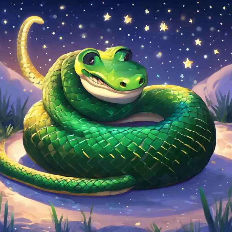 A little snake with shiny green scales and bright, curious eyes saying goodnight to his friends, then curling up in his cozy little spot under the twinkling stars.