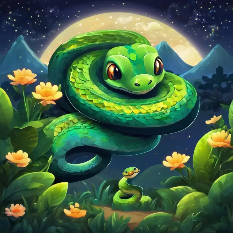 A little snake with shiny green scales and bright, curious eyes dreaming of his fun-filled adventures with friends, the night sky twinkling with echoing laughter.