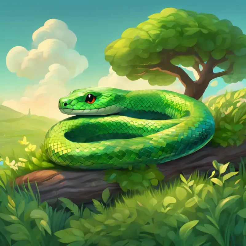 A little snake with shiny green scales and bright, curious eyes snuggled in a peaceful slumber, the meadow murmuring a gentle lullaby as he drifted off to sleep.