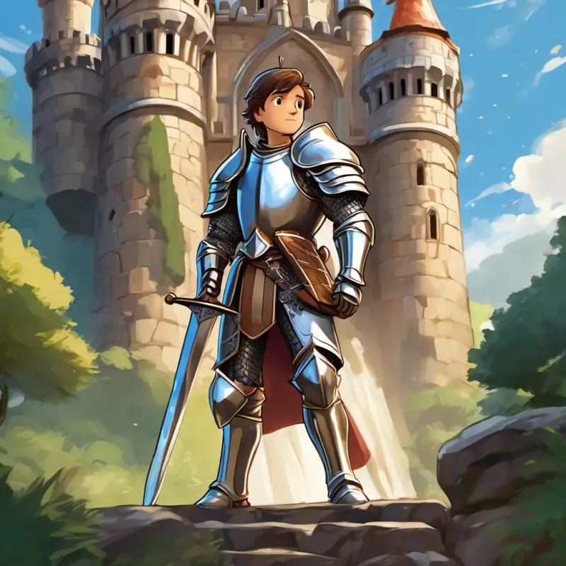 The story takes place in a big castle with tall stone towers. A tall knight with brown hair, wearing silver armor and carrying a shiny sword is a tall knight with brown hair and a strong build. He is wearing silver armor and holding a shiny sword.