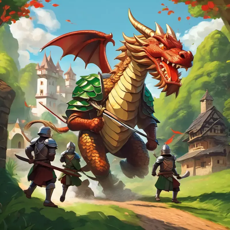 The dragon is big with green scales and red eyes. The villagers are running away in fear, while A tall knight with brown hair, wearing silver armor and carrying a shiny sword stands tall and determined.
