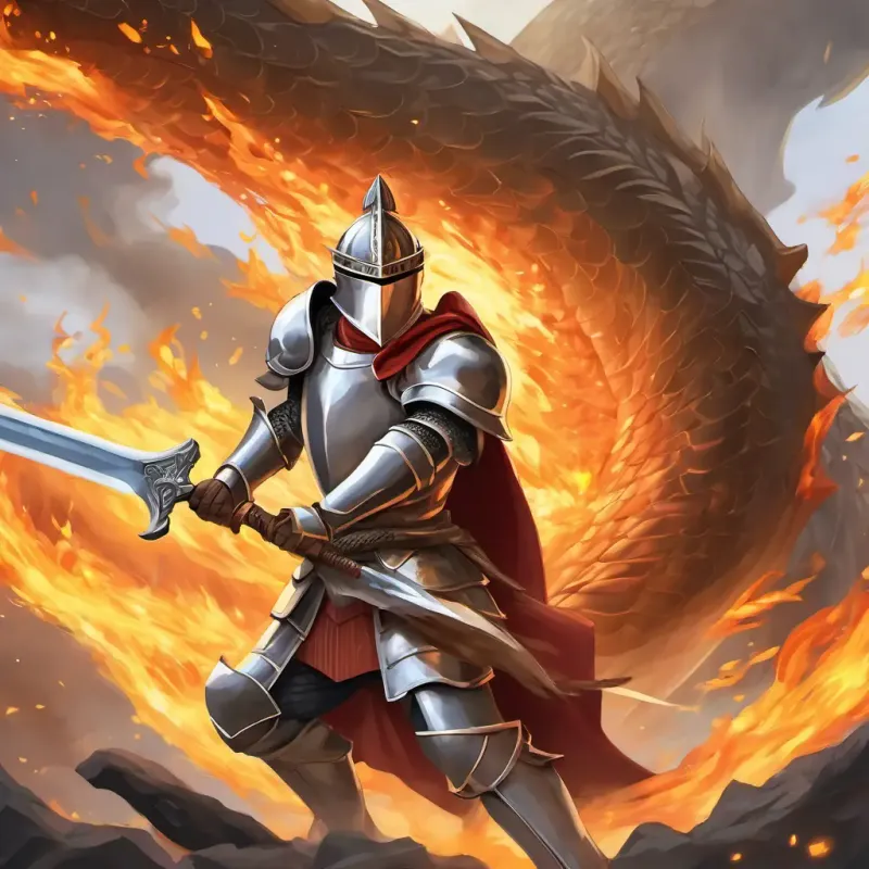 A tall knight with brown hair, wearing silver armor and carrying a shiny sword is swinging his sword at the dragon's tail, while the dragon is breathing fire. The ground is covered in smoke and flames.