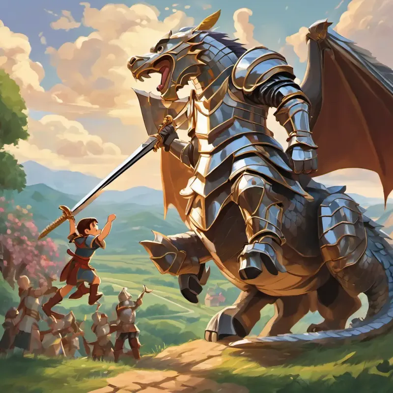 A tall knight with brown hair, wearing silver armor and carrying a shiny sword is standing triumphantly over the defeated dragon. The villagers are cheering and clapping.