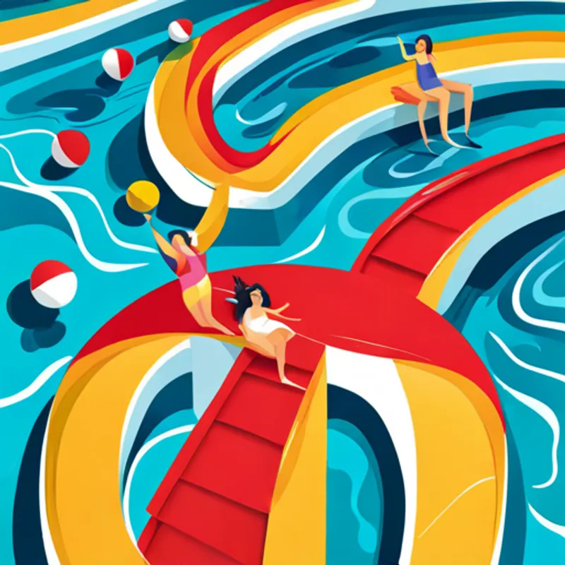 Illustration of a beautiful swimming pool with girls sliding down colorful slides