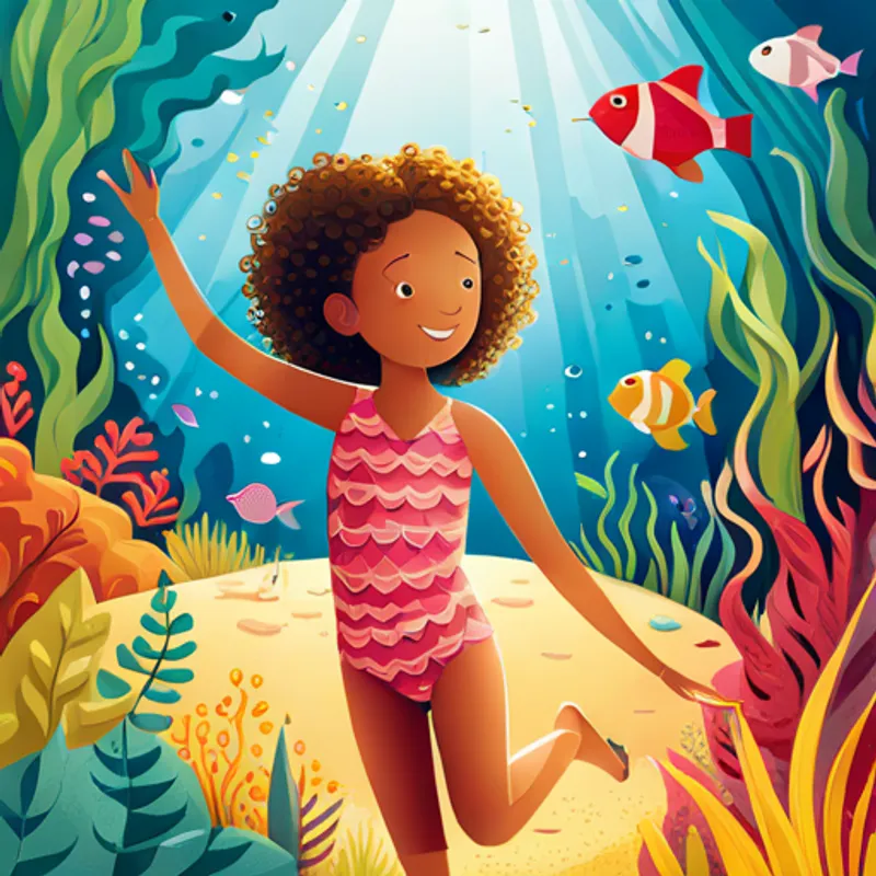 Illustration of Illustration of a happy girl with curly hair, wearing a pink swimsuit, Sammy, and the fish exploring the underwater world