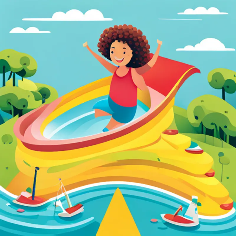 Illustration of Illustration of a happy girl with curly hair, wearing a pink swimsuit and Sammy sliding down a twisty water slide