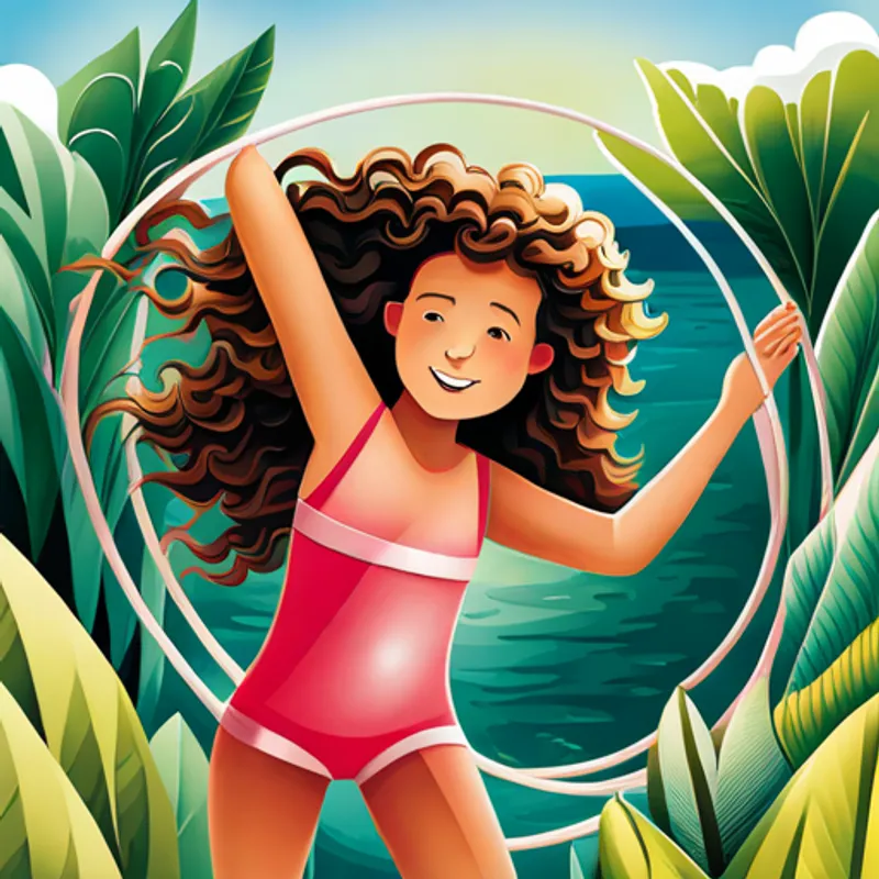 Illustration of Illustration of a happy girl with curly hair, wearing a pink swimsuit and Sammy hula hooping with other girls