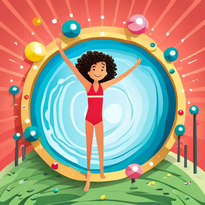 Illustration of Illustration of a happy girl with curly hair, wearing a pink swimsuit and Sammy waving goodbye to the swimming pool