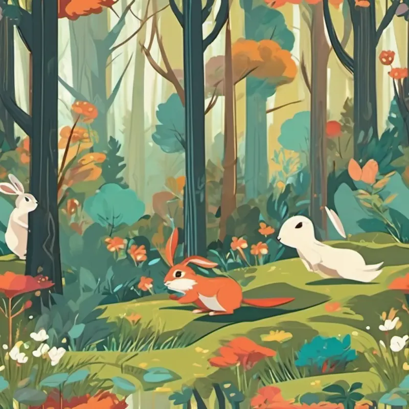 A vibrant, whimsical forest with tall trees swaying in the wind. A playful rabbit named A playful, energetic rabbit with bouncy steps and twitching whiskers and a mischievous squirrel named A mischievous, dancing squirrel with a twirling tail and a brave heart are visible.