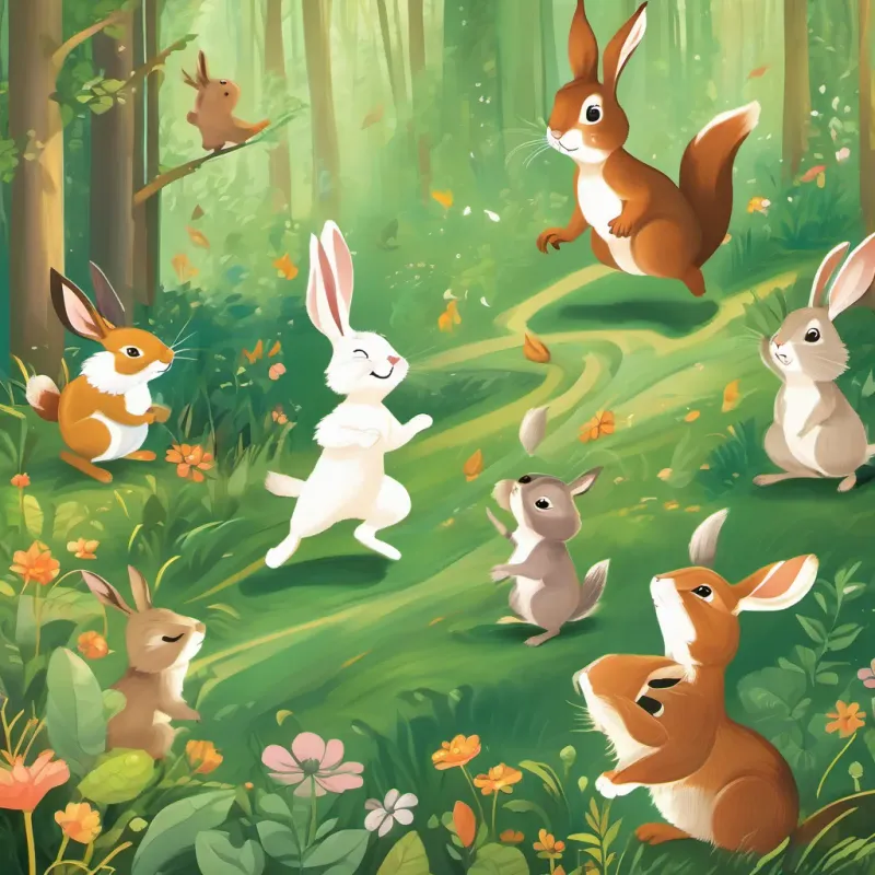 A playful, energetic rabbit with bouncy steps and twitching whiskers the rabbit bouncing energetically, and A mischievous, dancing squirrel with a twirling tail and a brave heart the squirrel dancing and twirling in delight in the green forest.