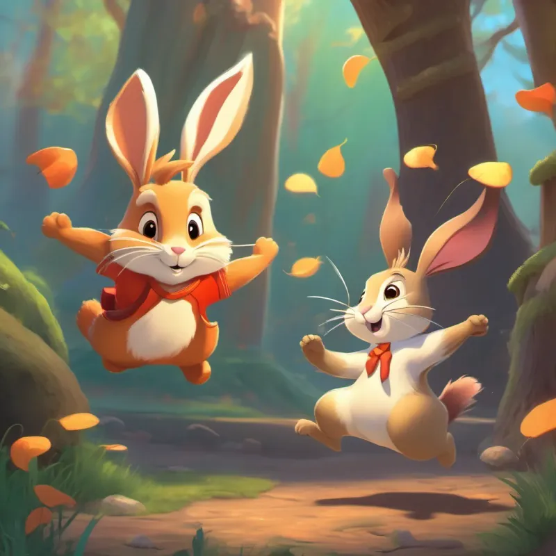A playful, energetic rabbit with bouncy steps and twitching whiskers and A mischievous, dancing squirrel with a twirling tail and a brave heart facing the mysterious happenings together with strong teamwork and unwavering friendship.
