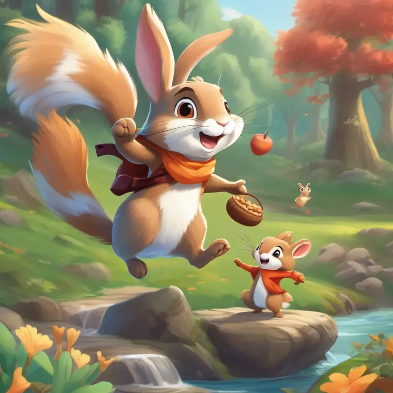 A playful, energetic rabbit with bouncy steps and twitching whiskers and A mischievous, dancing squirrel with a twirling tail and a brave heart carrying nuts steadily, filled with laughter and wonder, their determination clear.