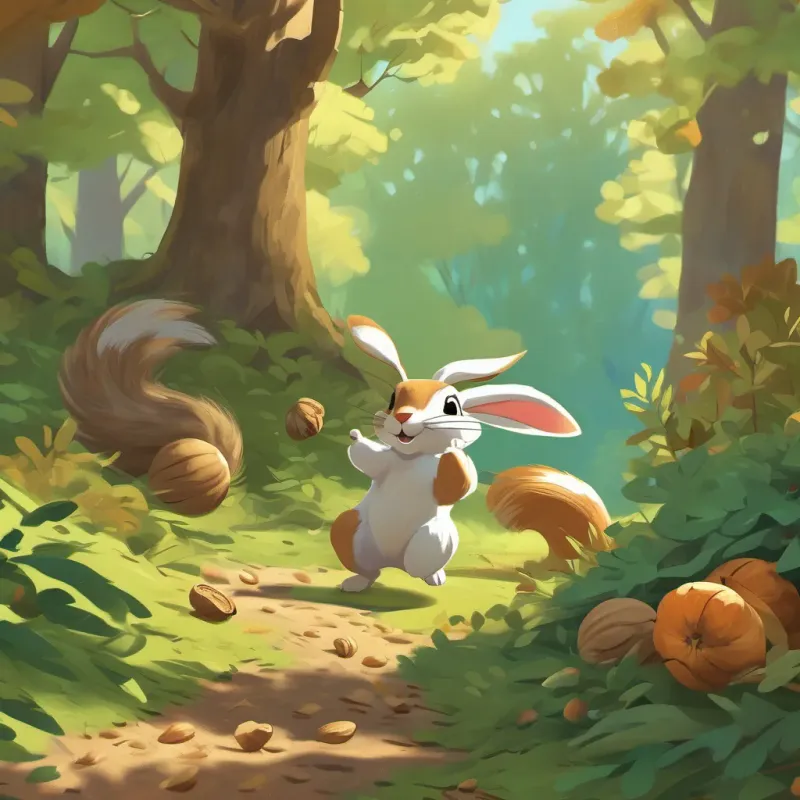 A sunny day in the forest, with A playful, energetic rabbit with bouncy steps and twitching whiskers and A mischievous, dancing squirrel with a twirling tail and a brave heart discovering a giant pile of walnuts under the trees.