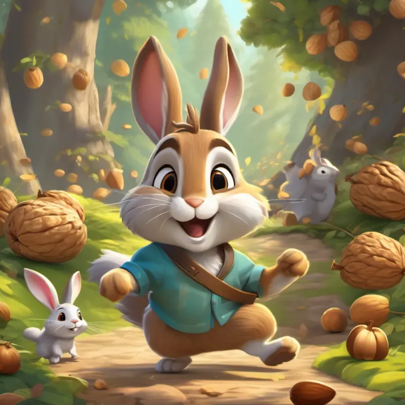 A playful, energetic rabbit with bouncy steps and twitching whiskers grinning with determination and A mischievous, dancing squirrel with a twirling tail and a brave heart nodding enthusiastically near the pile of walnuts.