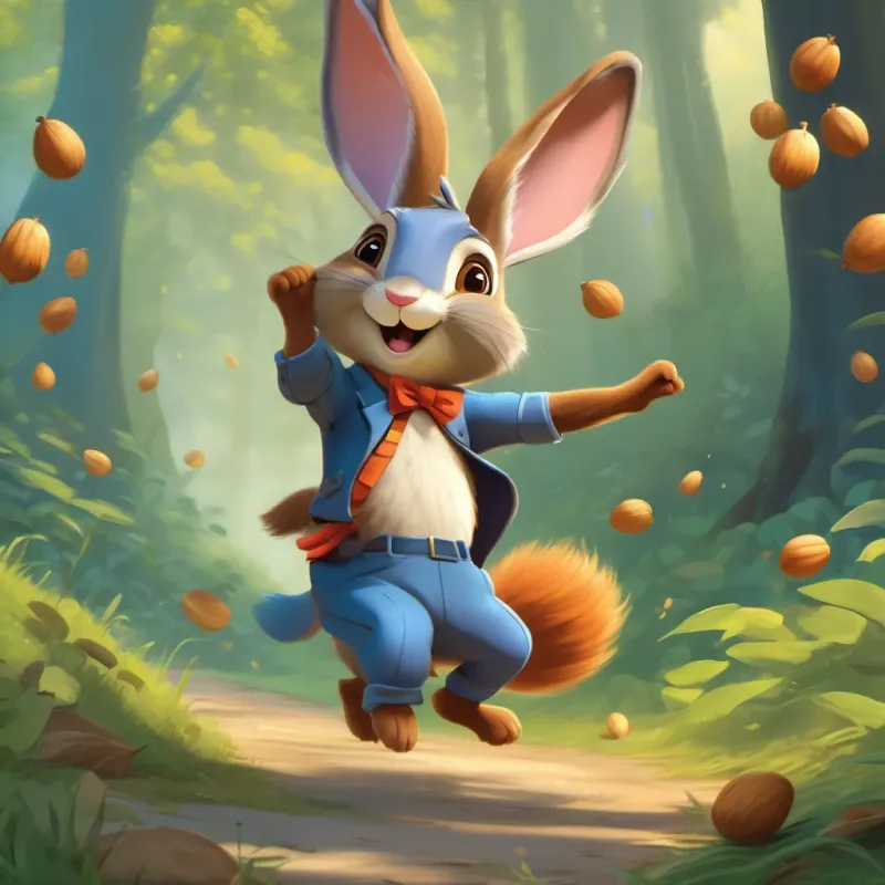 A playful, energetic rabbit with bouncy steps and twitching whiskers and A mischievous, dancing squirrel with a twirling tail and a brave heart carrying walnuts with rhythmic steps, their paws tapping against the forest floor.