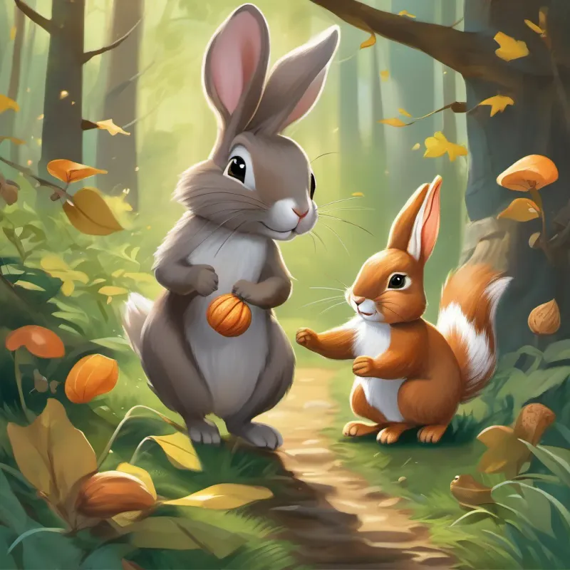 A playful, energetic rabbit with bouncy steps and twitching whiskers's whiskers twitching and A mischievous, dancing squirrel with a twirling tail and a brave heart's tail swishing as they carry walnuts diligently through the forest.