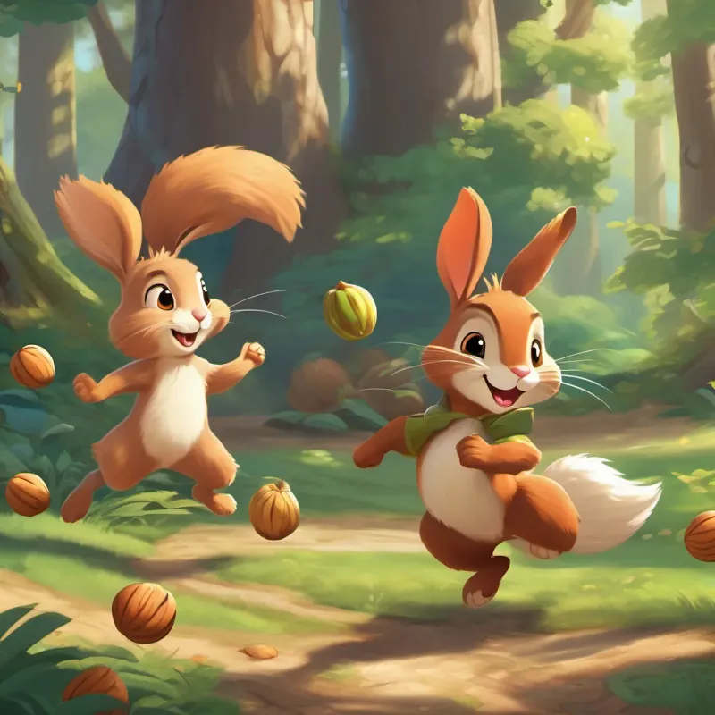 A playful, energetic rabbit with bouncy steps and twitching whiskers and A mischievous, dancing squirrel with a twirling tail and a brave heart giggling and racing each other, carrying walnuts with wide smiles on their faces.