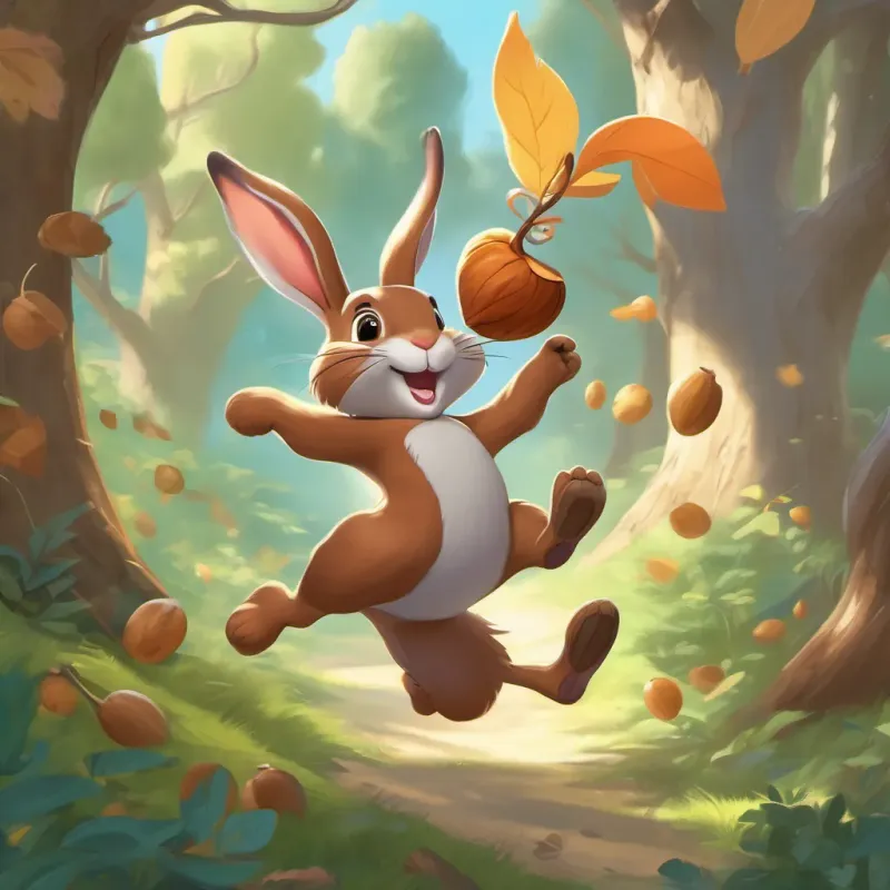 A playful, energetic rabbit with bouncy steps and twitching whiskers giving a spin and jumping around while carrying a walnut, with A mischievous, dancing squirrel with a twirling tail and a brave heart laughing nearby.