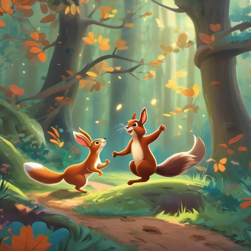 A mischievous, dancing squirrel with a twirling tail and a brave heart speaking confidently to A playful, energetic rabbit with bouncy steps and twitching whiskers amidst the mysterious happenings in the forest.