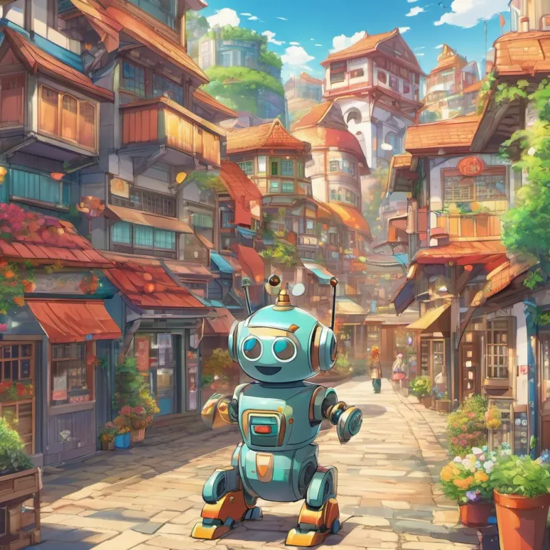 A bright, colorful town with whimsical buildings and a cheerful atmosphere. Sun shines brightly. A small, clever robot standing in the middle of a lively town.