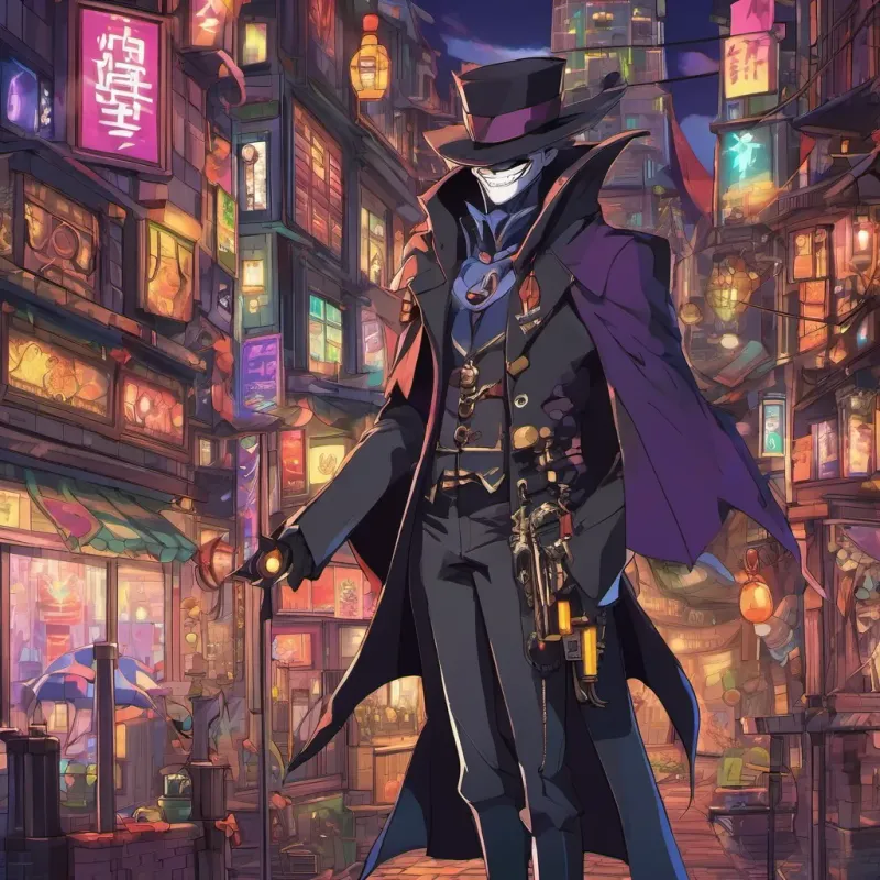 An ominous-looking villain with dark gadgets, towering over the cheerful town. A sneaky villain with dark gadgets and a wicked smile Dr Gloomy is always trying to spread sadness in a dark cloak, with a wicked smile and menacing gadgets.