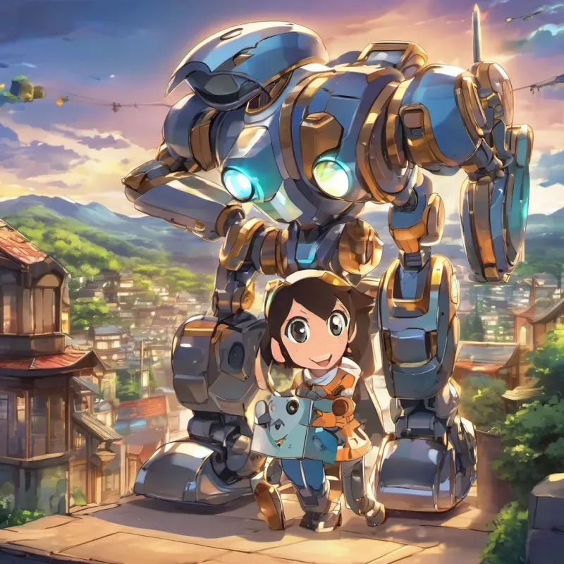 An encouraging scene with A small, clever robot with bright eyes, made of shiny metal parts Rivet is full of determination and bravery sharing wisdom with a child. The town of Sparkville radiates light and warmth in the background.