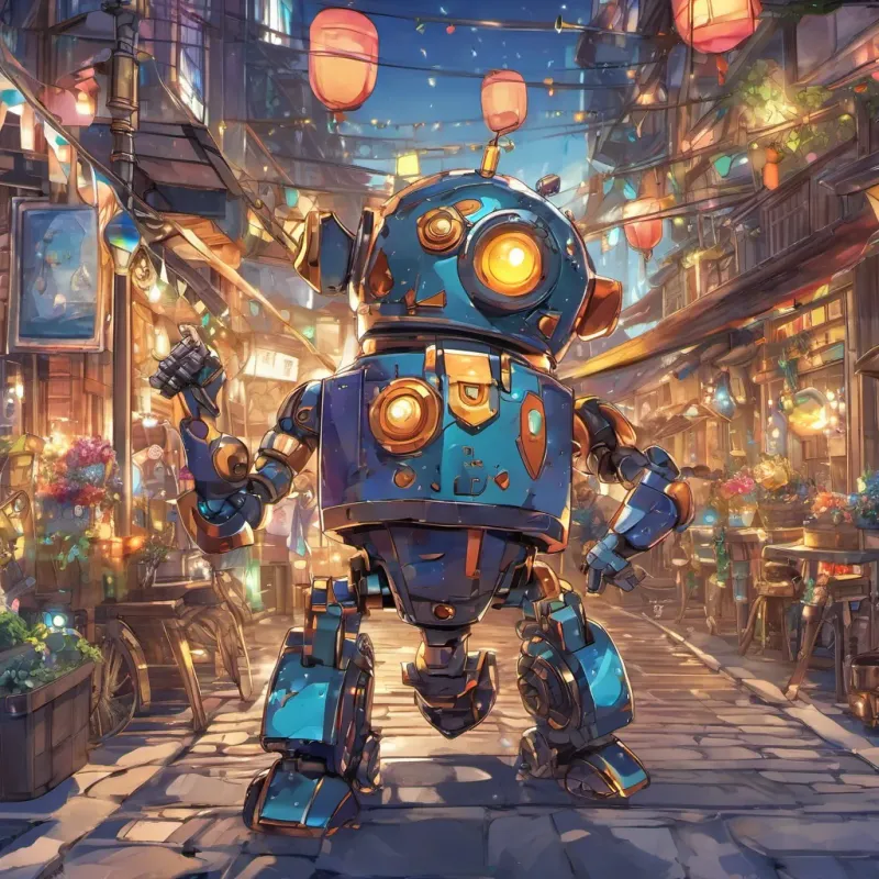 A final, celebratory scene of A small, clever robot with bright eyes, made of shiny metal parts Rivet is full of determination and bravery and the townsfolk. Bright, cheerful, and victorious atmosphere.