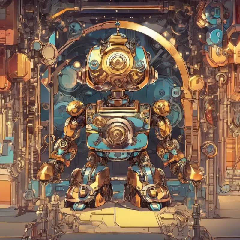 A small, clever robot with bright eyes, made of shiny metal parts Rivet is full of determination and bravery the robot, looking determined and prepared, with gears turning in his body, against the backdrop of Sparkville. A small, clever robot with bright eyes, made of shiny metal parts Rivet is full of determination and bravery's eyes glowing with determination.