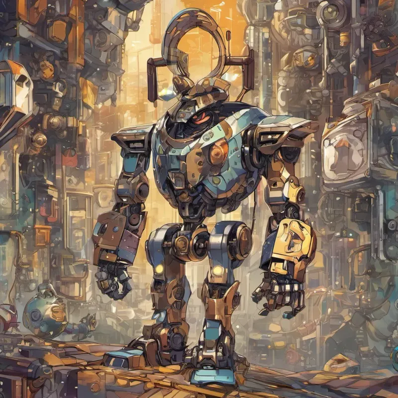 A small, clever robot with bright eyes, made of shiny metal parts Rivet is full of determination and bravery playfully facing A sneaky villain with dark gadgets and a wicked smile Dr Gloomy is always trying to spread sadness, with a confident expression and metallic wink. A small, clever robot with bright eyes, made of shiny metal parts Rivet is full of determination and bravery clanking and stomping forward.